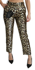 Women's Brown Leopard Sequined High Waist Pants Gold Pvc Silk Polyester Elastane
