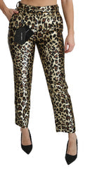 Women's Brown Leopard Sequined High Waist Pants Gold Pvc Silk Polyester Elastane