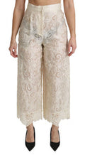 Women's Cream Lace High Waist Palazzo Cropped Pants Silk Cotton Polyester