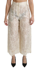 Women's Cream Lace High Waist Palazzo Cropped Pants Silk Cotton Polyester