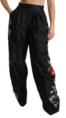 Women's Black Brocade Floral Sequined Beaded Pants Polyester Silk Nylon