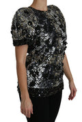 Women's Black Sequined Crystal Embellished Top Blouse