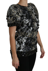 Women's Black Sequined Crystal Embellished Top Blouse