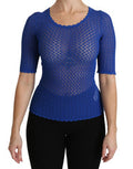 Women's Blue See Through Round Neck Top Viscose Blouse Polyester