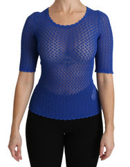 Women's Blue See Through Round Neck Top Viscose Blouse Polyester