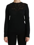 Women's Black Silk Lace Crew Neck Long Sleeve Blouse Viscose