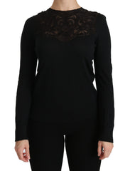 Women's Black Silk Lace Crew Neck Long Sleeve Blouse Viscose