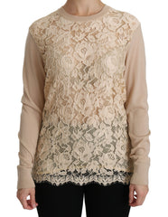 Women's Beige Lace Long Sleeve Top Cashmere Blouse Viscose Nylon