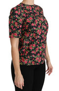 Women's Black Floral Roses Short Sleeve Top Blouse Cotton