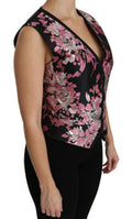 Women's Black Pink Floral Waistcoat Vest Blouse Top