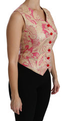 Women's Pink Gold Brocade Waistcoat Vest Blouse Top And