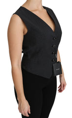 Women's Black Dotted Waistcoat Vest Blouse Top Virgin Wool Cupro