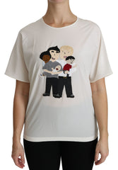 Women's White #dgfamily Patch Short Sleeve Blouse Top Silk Elastane