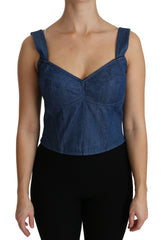 Women's Blue Sleeveless Bustier Blouse Cotton Top Nylon Elastane