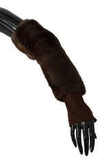 Women's Brown Elbow Length Finger Less Fur Gloves And Leather