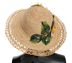 Women's Beige Wide Brim Floral Bucket Capello Hat