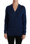 Women's Blue Button Cardigan Virgin Wool Sweater Clothing