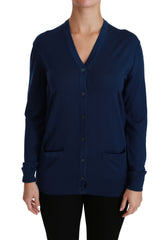 Women's Blue Button Cardigan Virgin Wool Sweater Clothing