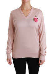 Women's Pink Floral Embellished Pullover Silk Sweater Clothing