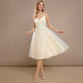 Bridal Wedding Dress Ivory-Cream Spaghetti Straps Short V-Neck A-line