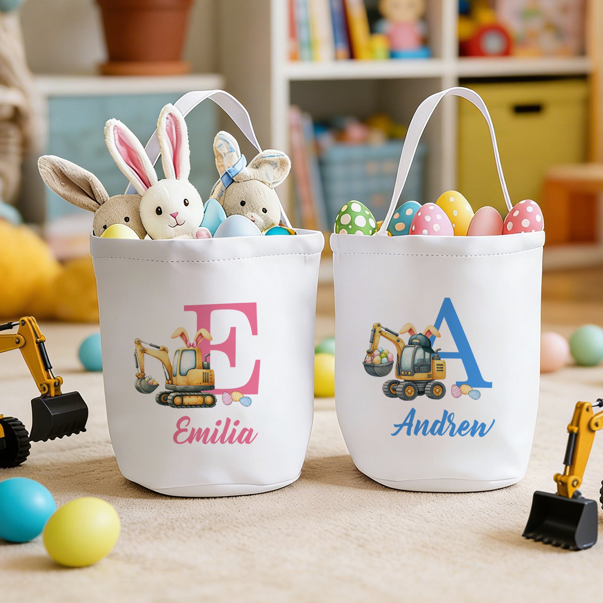 Personalizado lindo conejo excavadora Oreja Inicial Cubo de lona cesta con el nombre de Pascua de caza de huevos de Pascua Fiesta de Regalos para Niños