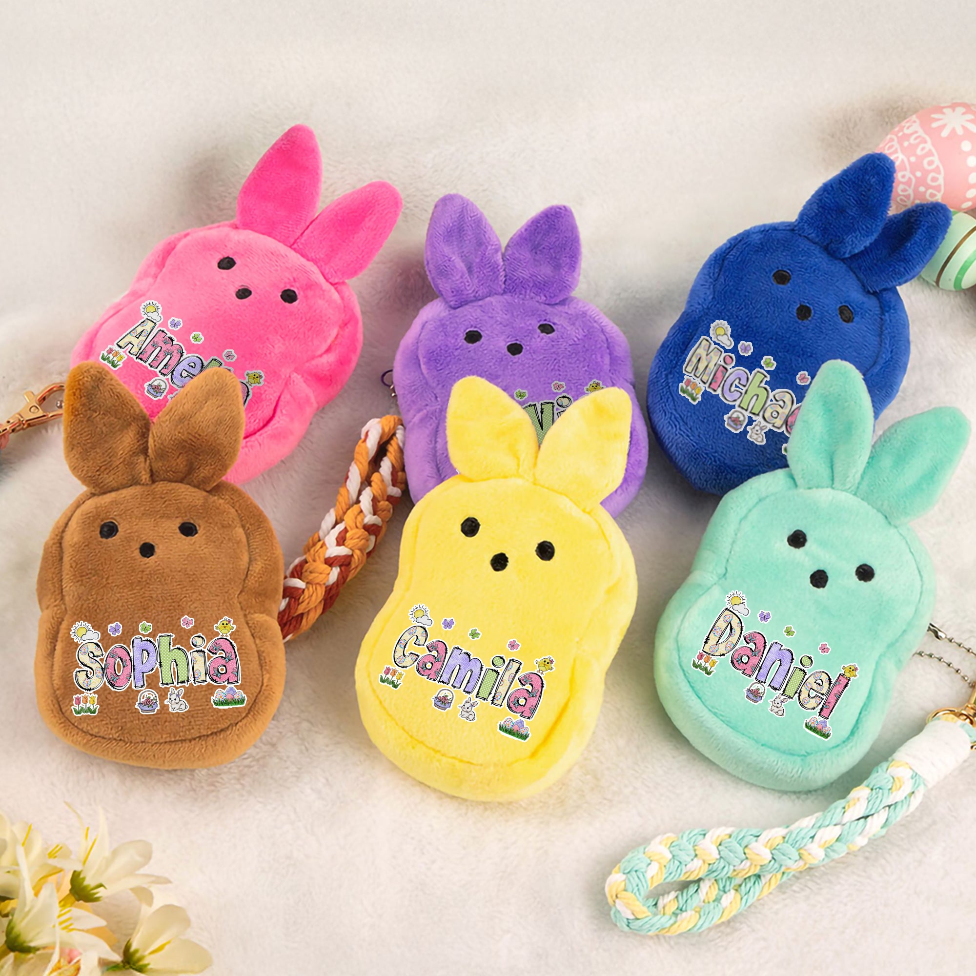 Monedero monedero personalizado con nombre y correa para la muñeca de peluche de conejito de color macarrón Rellenos para cestas de Pascua Regalo para fiesta de Pascua para niños