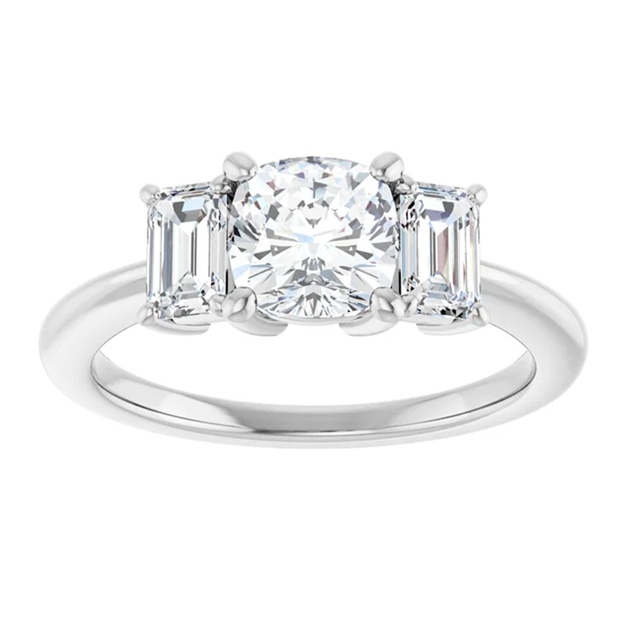 Luna Cushion and Emerald Lab Diamond Three Stone Engagement Ring