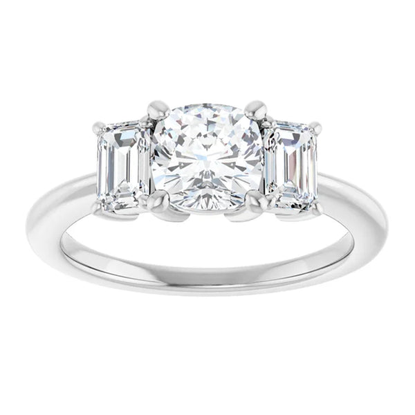 Luna Cushion and Emerald Lab Diamond Three Stone Engagement Ring