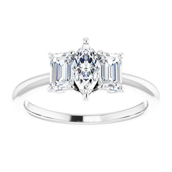 Luna Marquise and Emerald Lab Diamond Three Stone Engagement Ring