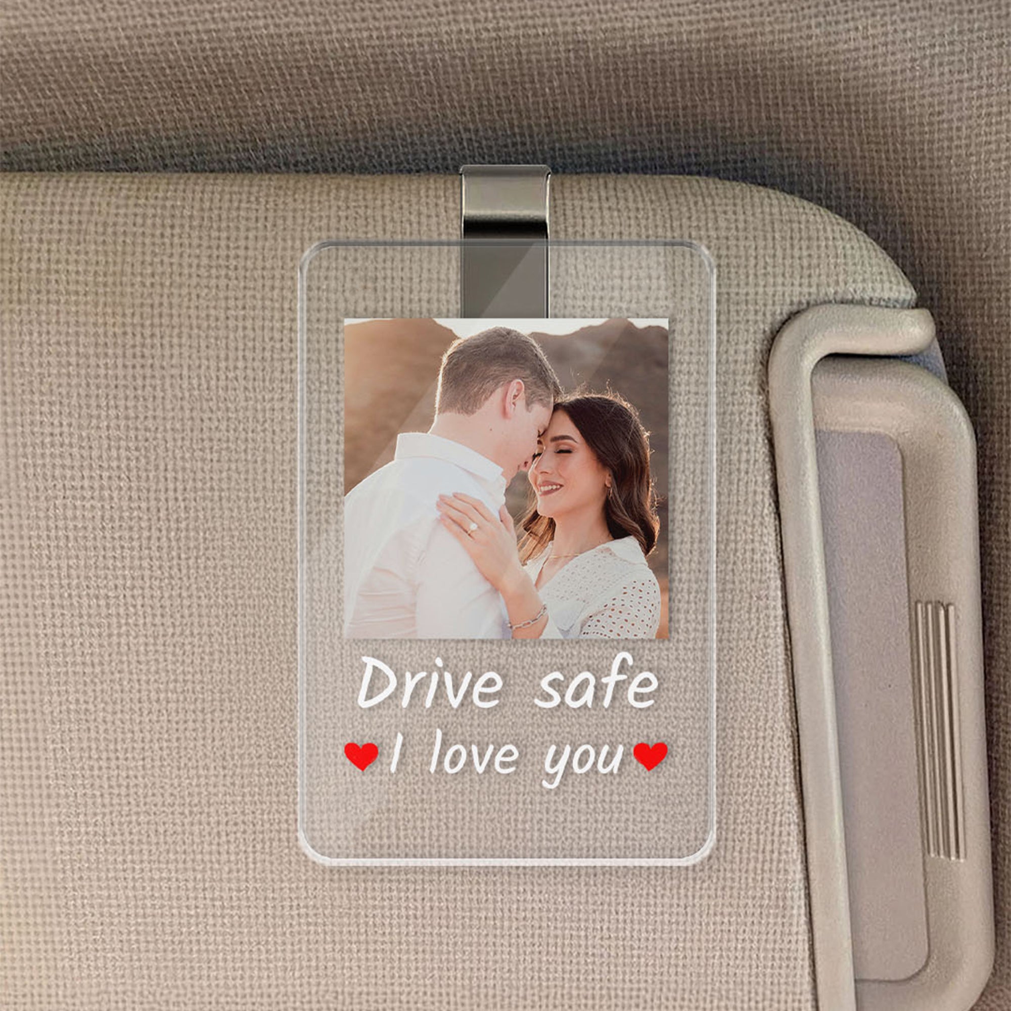 Clip para visera de coche con foto cuadrada personalizada y texto Accesorio de coche Regalo de aniversario de San Valentín para parejas