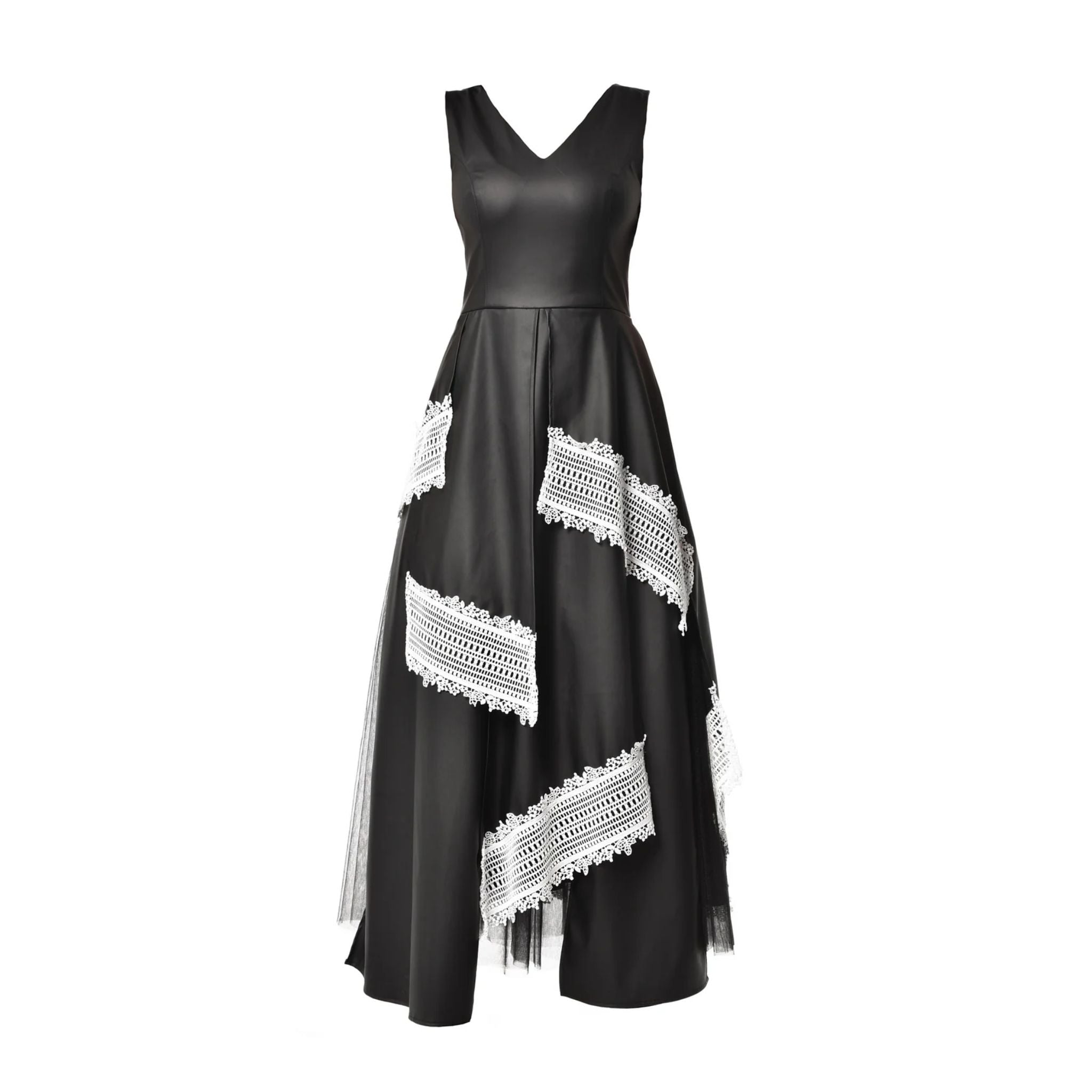 Black Vegan Leather Dress With Tulle And Lace | PR Sample