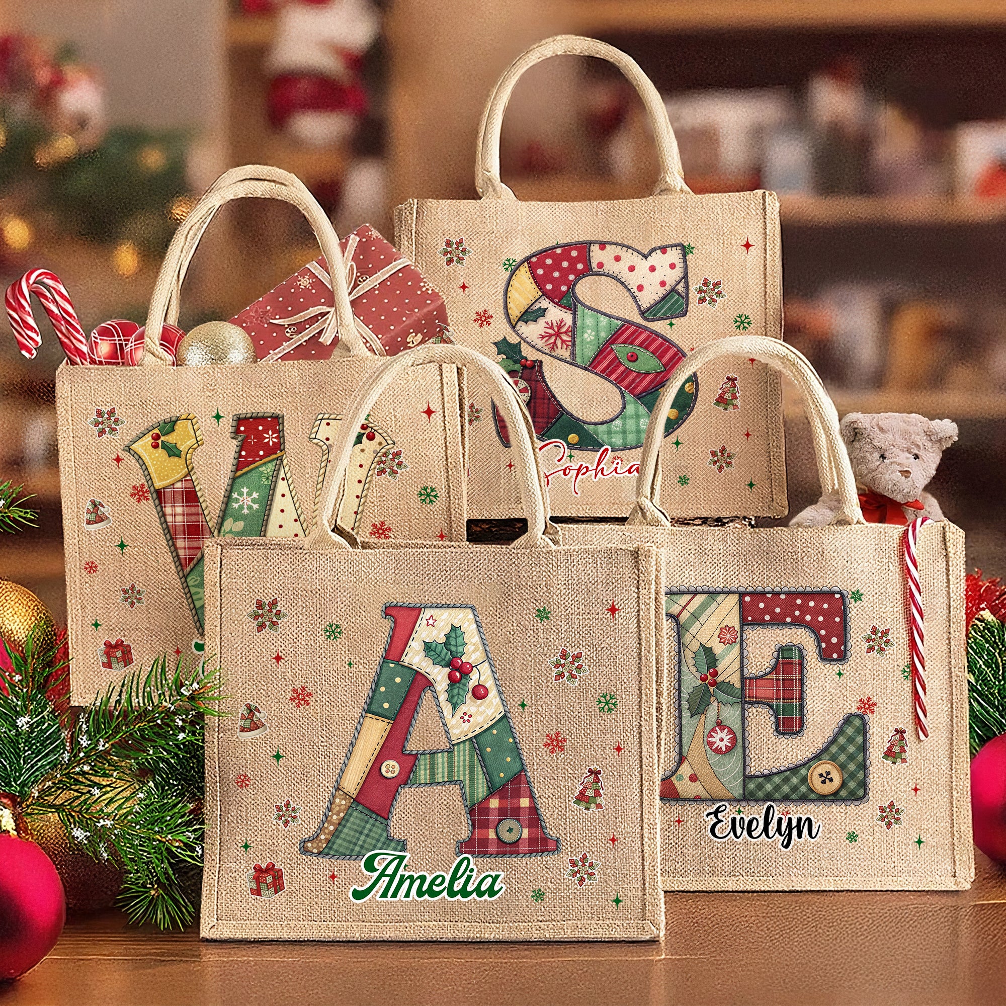 Árbol de Navidad Personalizado Copo de Nieve Iniciales Bolsa de Yute con Nombre Navidad Uso Diario Regalo para Niños Mujeres