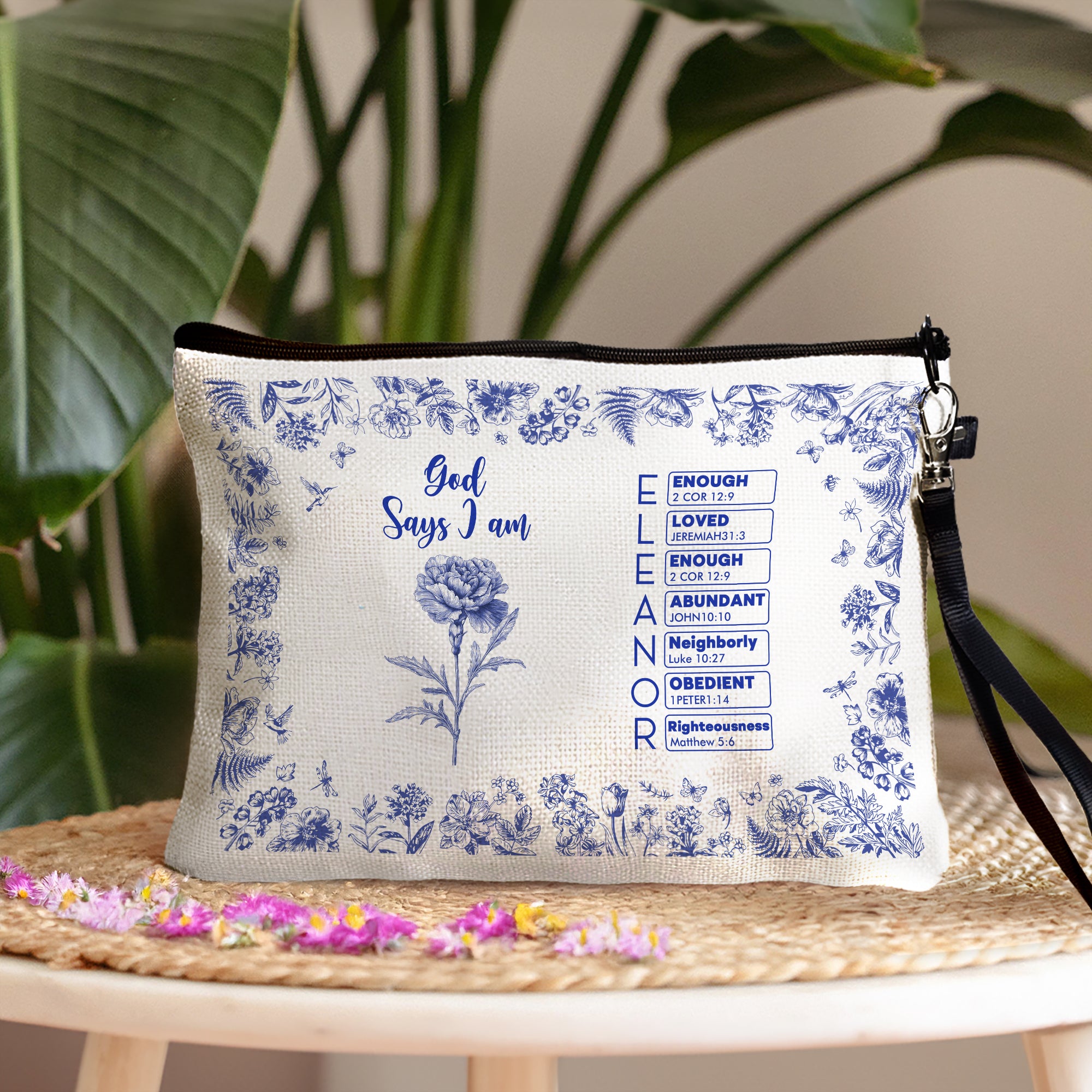Personalizada Toile De Jouy Nacimiento Flor Biblia Capítulo Nombre Bolsa de Maquillaje con Correa de Muñeca Bautizo Cumpleaños Navidad Regalo para Mujeres Cristianas
