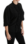 Women's Black Silk Shirt Ruffled Top Blouse