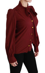 Women's Silk Scarf-Neck Blouse Red Elastane Stretch