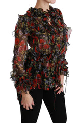 Women's Black Floral Roses Blouse Silk Top