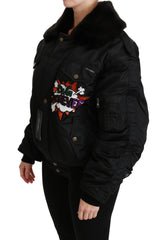 Women's Black Queen Crown Sequined Bomber Jacket Nylon Clothing