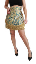 Women's Blue High Waist Jacquard Tassel Gold Skirt