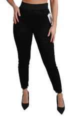 Women's Black Lace Skinny High Waist Cotton Pants Viscose Polyamide