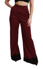 Women's Black Lace High Waist Wide Leg Maroon Pants Bordeaux Viscose Polyester Stretch