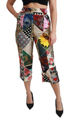 Women's Silk Multicolor Print High Waist Cropped Pants Viscose Polyamide