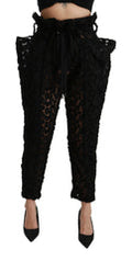 Women's Black Floral Lace Tapered High Waist Pants Polyester