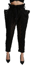 Women's Black Floral Lace Tapered High Waist Pants Polyester