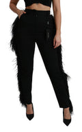 Women's Black Feather Straight High Waist Wool Pants Virgin Elastane