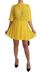 Women's Yellow Pleated A-Line Mini Silk Dress