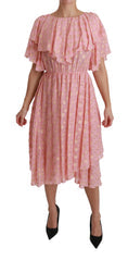 Women's Silk Pink Polka Dots Pleated A-Line Midi Dress Metalized Fiber