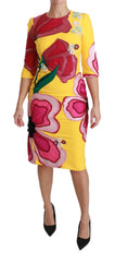 Women's Yellow Floral Crystal Bodycon Sheath Dress Silk Viscose Acetate Elastane