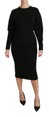 Women's Black Bodycon Sheath Midi Stretch Dress Viscose Nylon Elastane