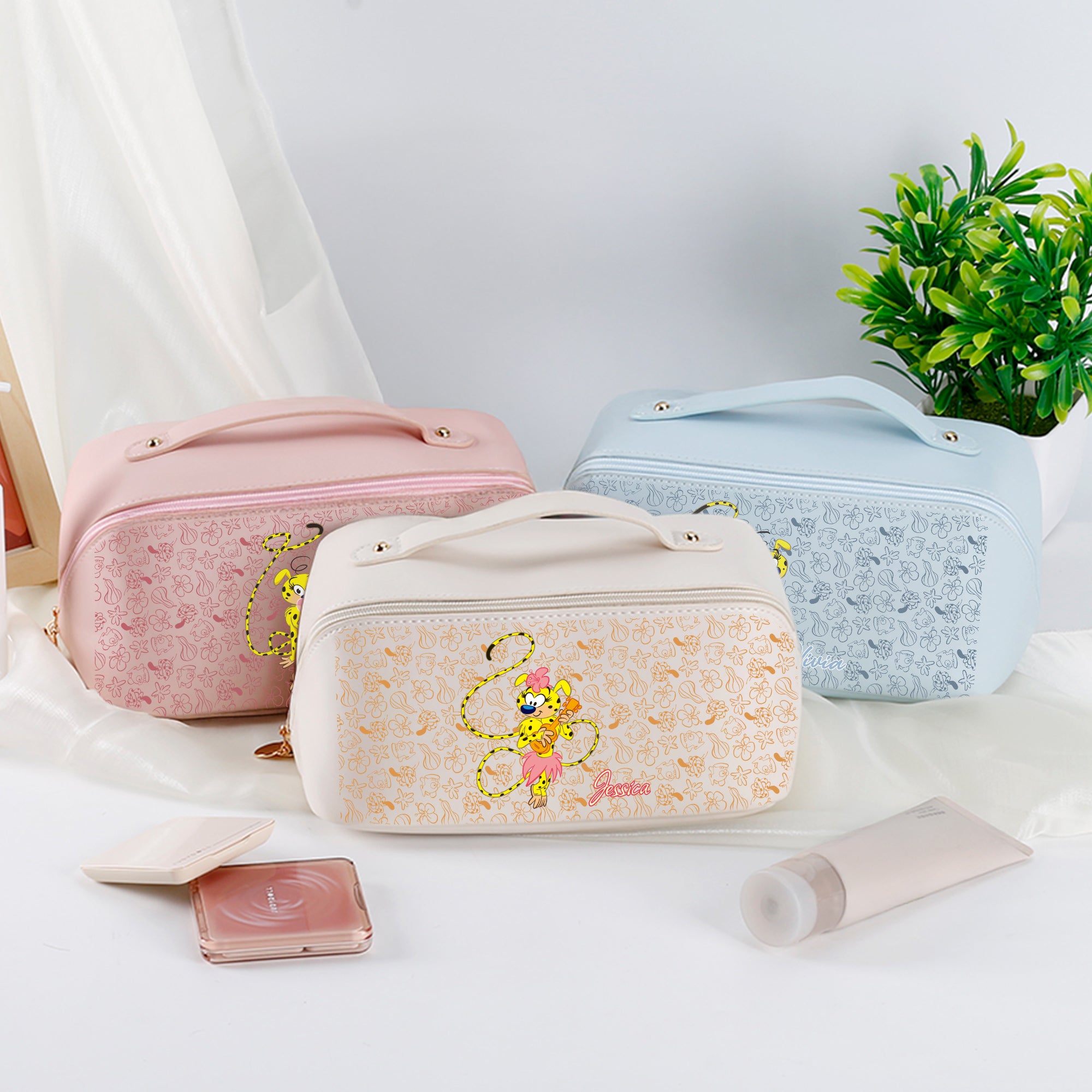 Marsupilami Personalizado Lindo Bolsa de Maquillaje de Piel de PU de Abertura Ancha con Nombre Regalo de Cumpleaños para Niñas | Callie × Marsupilami