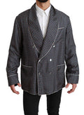 Men's Navy Blue Patterned Double Breasted Coat Jacket Silk Clothing